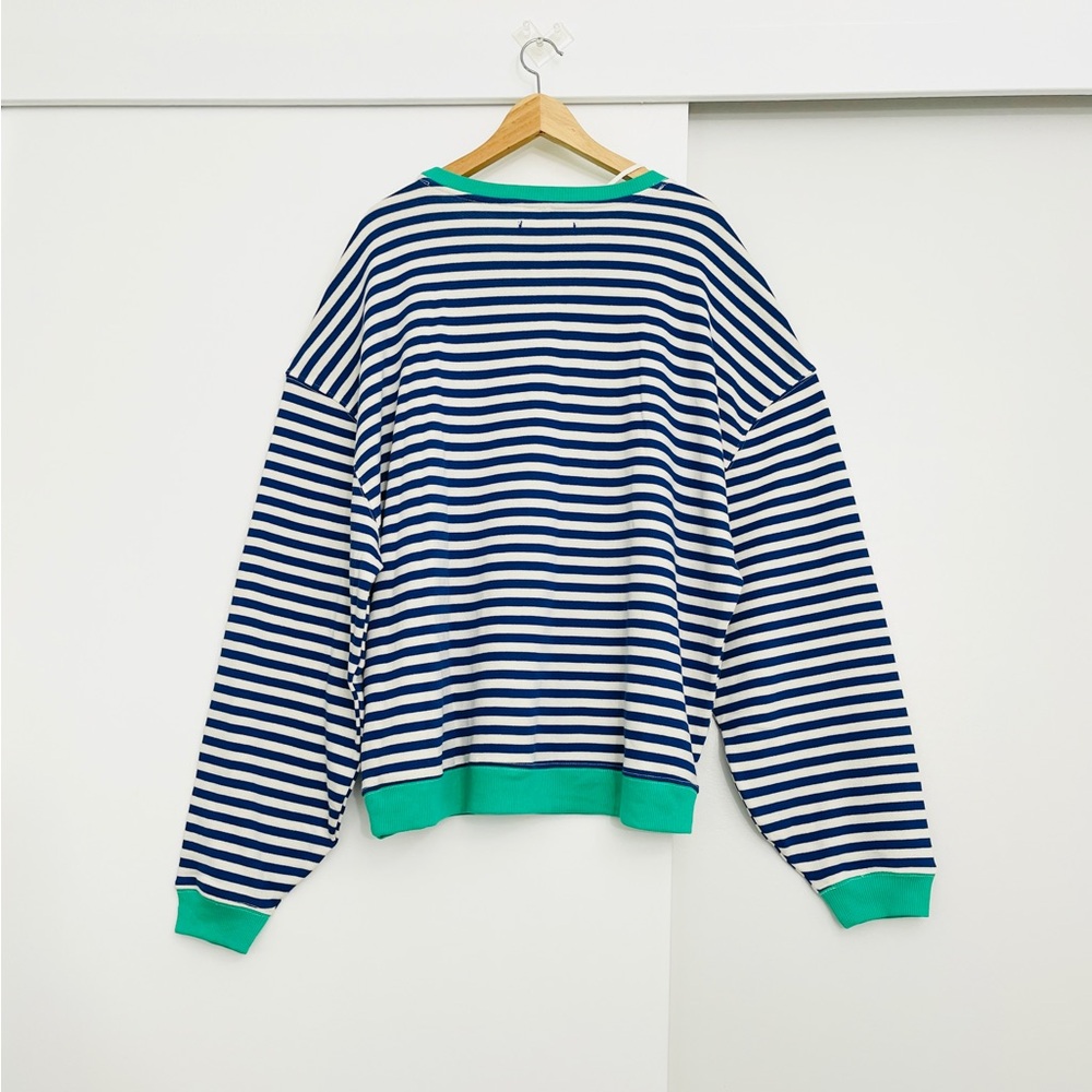 Free People Navy and White Striped Sweater with Green Trim - Picture 2 of 4
